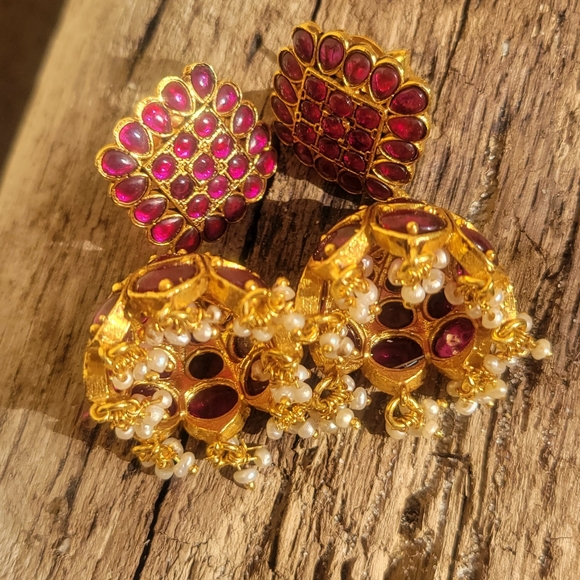 Ruby and cluster pearls jhumkas/hanging earrings - Picture 3 of 5